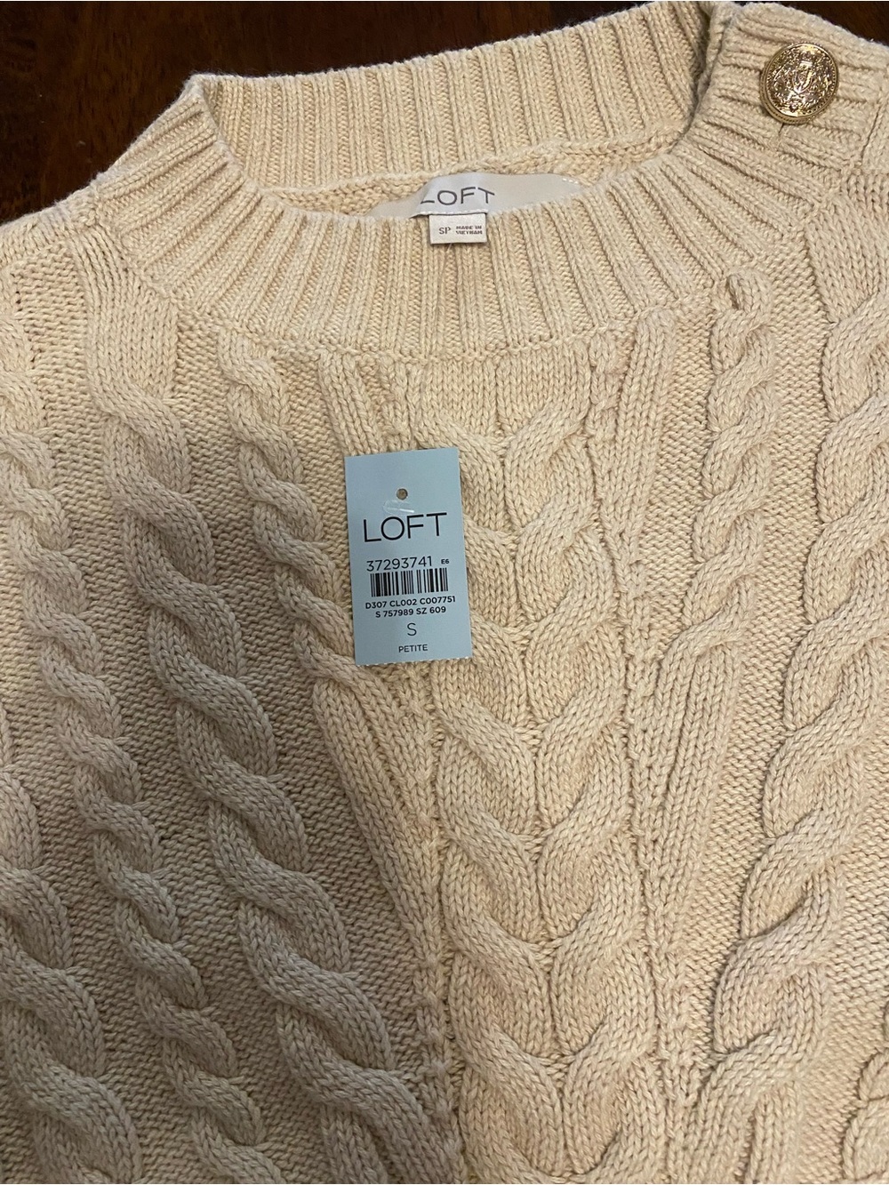 NWT LOFT Light Tan Cable Knit Sleeveless Sweater Vest with Gold Shoulder Buttons - Picture 3 of 5